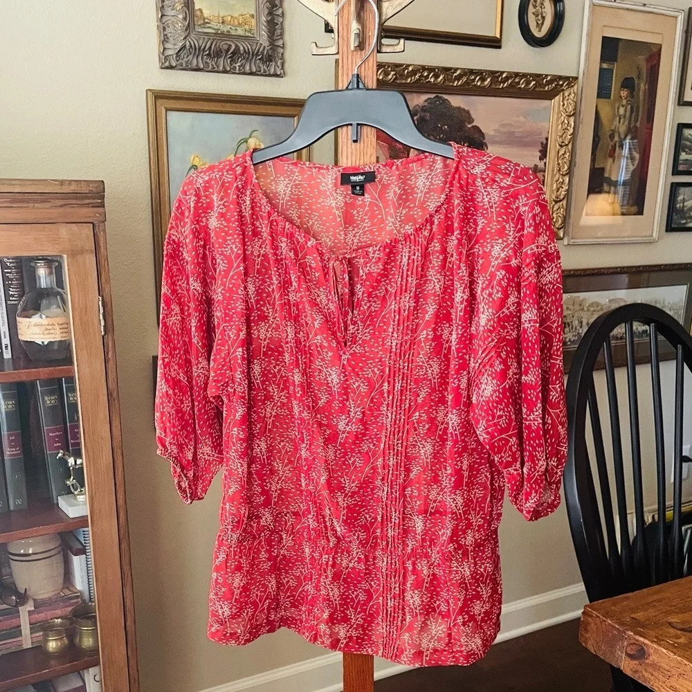 Mossimo women’s sheer pleated 3/4 sleeve blouse elastic waist SZ S brick red - Picture 2 of 9